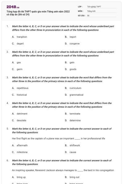Tổng hợp đề thi THPT quốc gia môn Tiếng anh năm 2022 có đáp án (Đề số 24)
