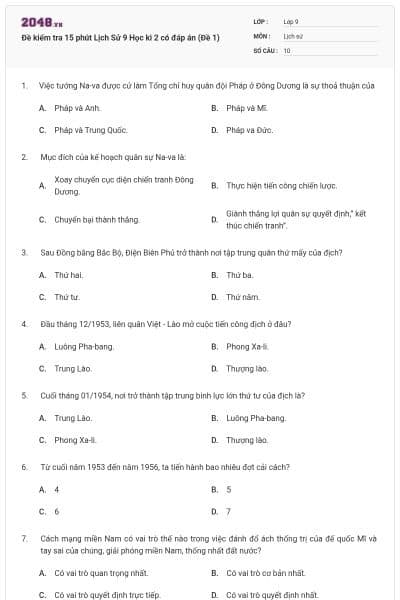 Đề kiểm tra 15 phút Lịch Sử 9 Học kì 2 có đáp án (Đề 1)