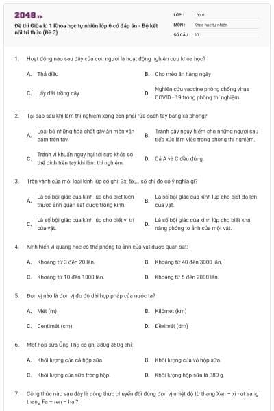 Đề thi Giữa kì 1 Khoa học tự nhiên lớp 6 có đáp án - Bộ kết nối tri thức (Đề 3)