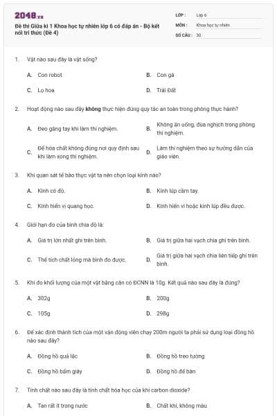 Đề thi Giữa kì 1 Khoa học tự nhiên lớp 6 có đáp án - Bộ kết nối tri thức (Đề 4)