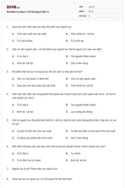 Đề kiểm tra Địa Lí 10 Chương 6 (Đề 1)