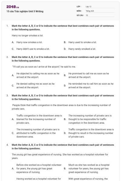 15 câu Trắc nghiệm Unit 5 Writing