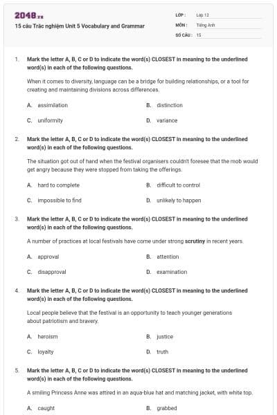 15 câu Trắc nghiệm Unit 5 Vocabulary and Grammar