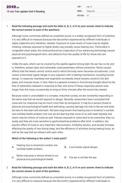 15 câu Trắc nghiệm Unit 5 Reading