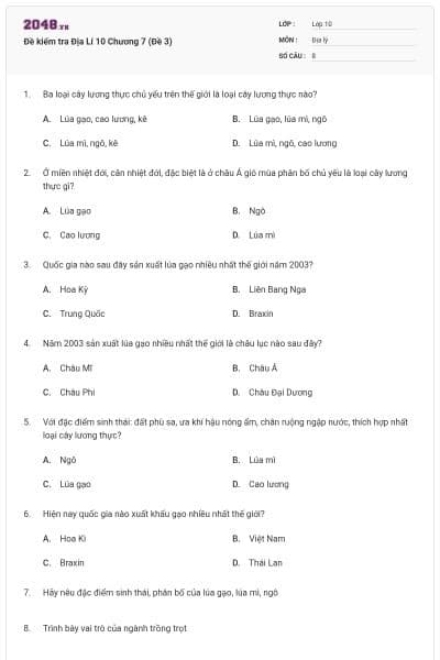 Đề kiểm tra Địa Lí 10 Chương 7 (Đề 3)