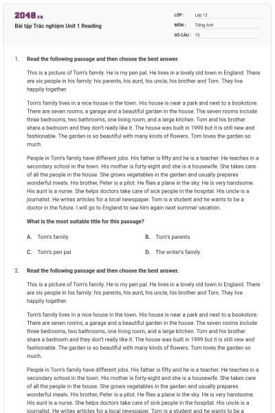Bài tập Trắc nghiệm Unit 1 Reading