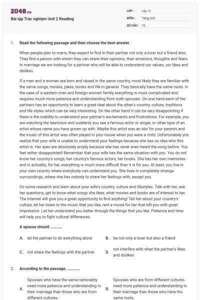 Bài tập Trắc nghiệm Unit 2 Reading