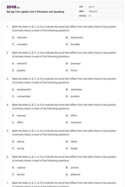 Bài tập Trắc nghiệm Unit 3 Phonetics and Speaking