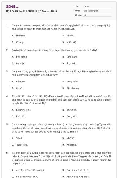 Bộ 4 Đề thi Học kì 2 GDCD 12 (có đáp án - Đề 1)