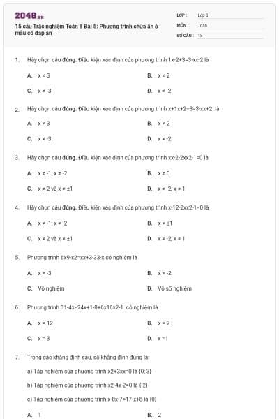 15 câu Trắc nghiệm Toán 8 Bài 5: Phương trình chứa ẩn ở mẫu có đáp án