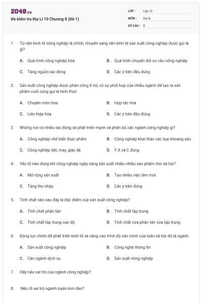 Đề kiểm tra Địa Lí 10 Chương 8 (Đề 1)
