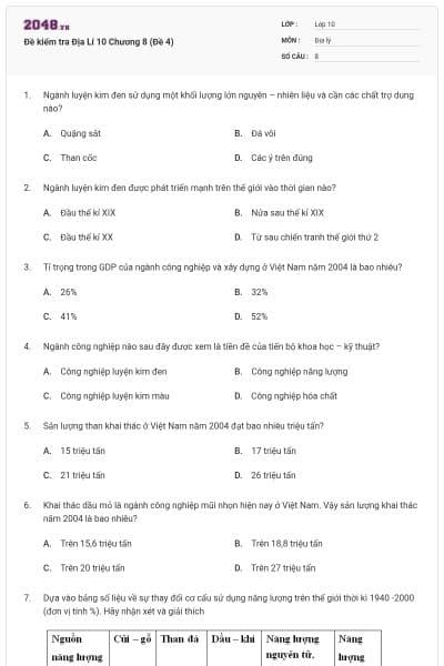Đề kiểm tra Địa Lí 10 Chương 8 (Đề 4)