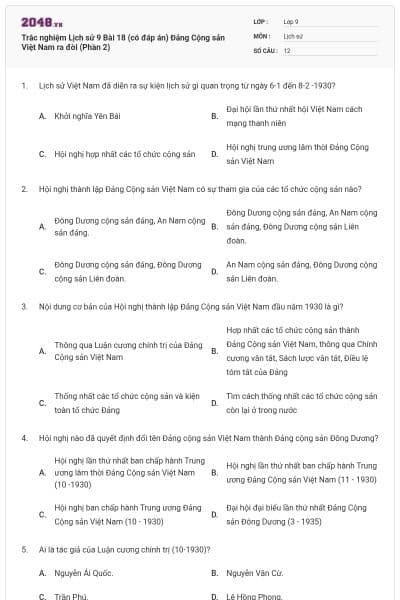 Trắc nghiệm Lịch sử 9 Bài 18 (có đáp án) Đảng Cộng sản Việt Nam ra đời (Phần 2)