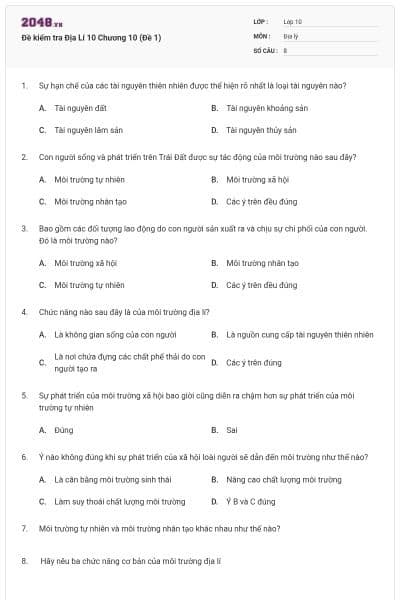 Đề kiểm tra Địa Lí 10 Chương 10 (Đề 1)