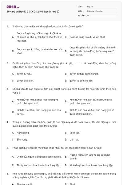 Bộ 4 Đề thi Học kì 2 GDCD 12 (có đáp án - Đề 3)