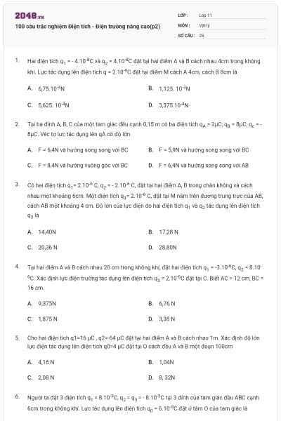 100 câu trắc nghiệm Điện tích - Điện trường nâng cao(p2)