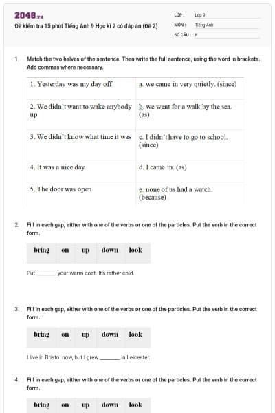 Đề kiểm tra 15 phút Tiếng Anh 9 Học kì 2 có đáp án (Đề 2)