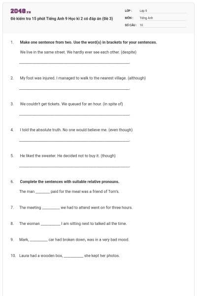 Đề kiểm tra 15 phút Tiếng Anh 9 Học kì 2 có đáp án (Đề 3)