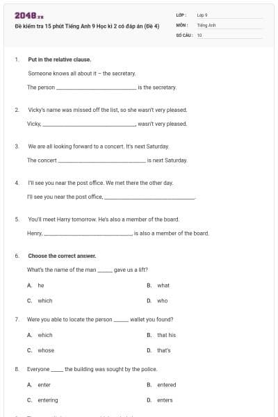 Đề kiểm tra 15 phút Tiếng Anh 9 Học kì 2 có đáp án (Đề 4)