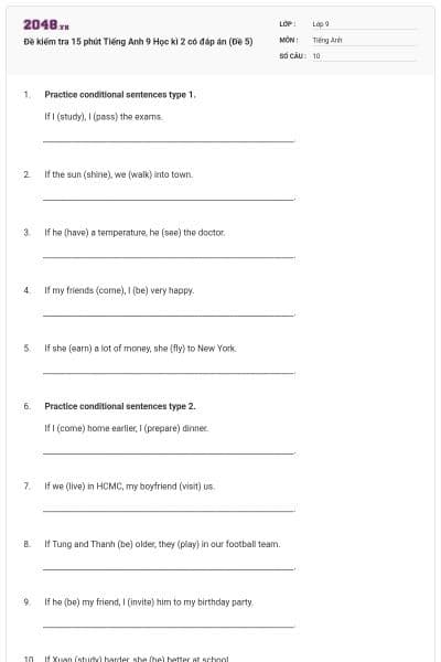 Đề kiểm tra 15 phút Tiếng Anh 9 Học kì 2 có đáp án (Đề 5)