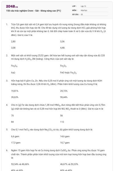 150 câu trắc nghiệm Crom - Sắt - Đồng nâng cao (P1)