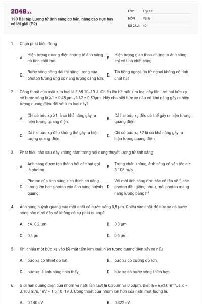 190 Bài tập Lượng tử ánh sáng cơ bản, nâng cao cực hay có lời giải (P2)