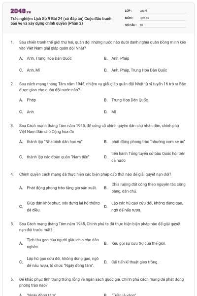 Trắc nghiệm Lịch Sử 9 Bài 24 (có đáp án) Cuộc đấu tranh bảo vệ và xây dựng chính quyền (Phần 2)