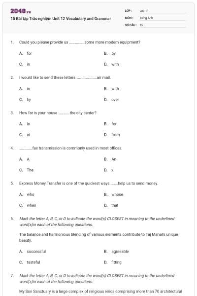 15 Bài tập Trắc nghiệm Unit 12 Vocabulary and Grammar