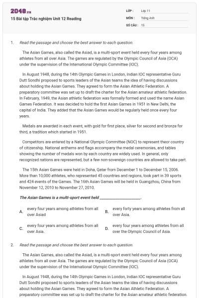 15 Bài tập Trắc nghiệm Unit 12 Reading