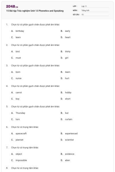 15 Bài tập Trắc nghiệm Unit 13 Phonetics and Speaking