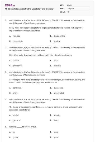 15 Bài tập Trắc nghiệm Unit 13 Vocabulary and Grammar