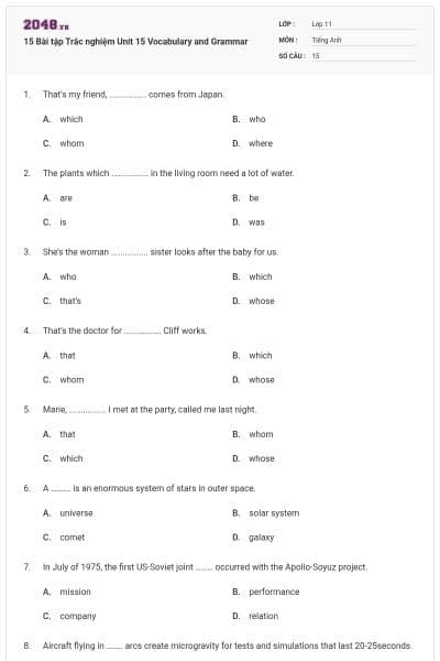 15 Bài tập Trắc nghiệm Unit 15 Vocabulary and Grammar