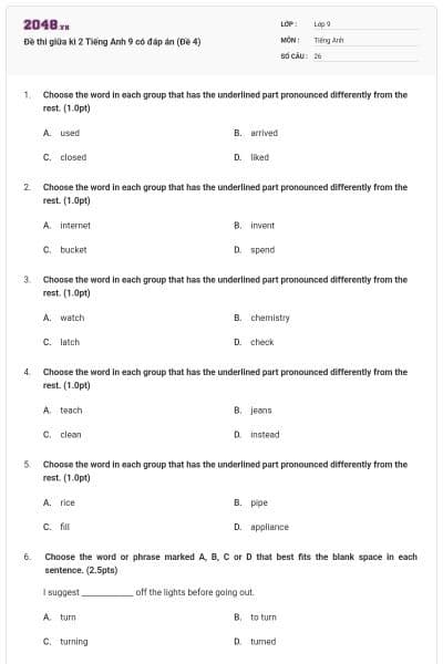 Đề thi giữa kì 2 Tiếng Anh 9 có đáp án (Đề 4)