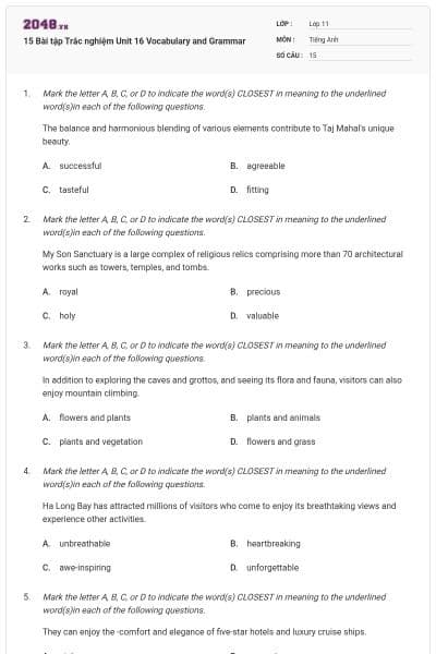 15 Bài tập Trắc nghiệm Unit 16 Vocabulary and Grammar