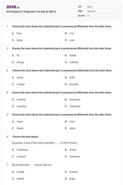 Đề thi giữa kì 2 Tiếng Anh 9 có đáp án (Đề 5)