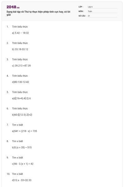 Dạng bài tập về Thứ tự thực hiện phép tính cực hay, có lời giải