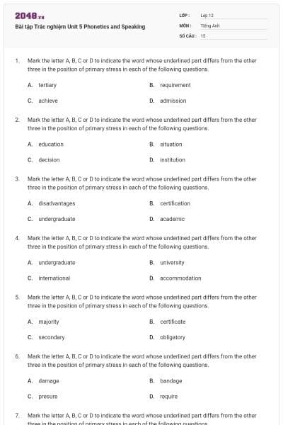 Bài tập Trắc nghiệm Unit 5 Phonetics and Speaking