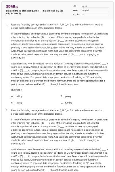 Đề kiểm tra 15 phút Tiếng Anh 11 Thí điểm Học kì 2 (có đáp án - Đề 4)