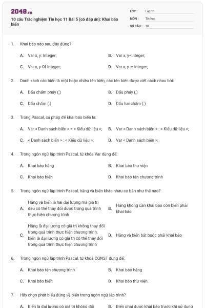 10 câu Trắc nghiệm Tin học 11 Bài 5 (có đáp án): Khai báo biến