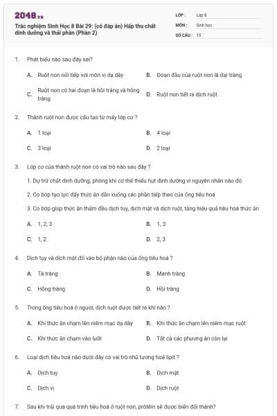 Trắc nghiệm Sinh Học 8 Bài 29: (có đáp án) Hấp thu chất dinh dưỡng và thải phân (Phần 2)