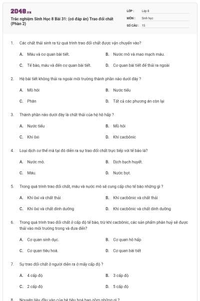 Trắc nghiệm Sinh Học 8 Bài 31: (có đáp án) Trao đổi chất (Phần 2)
