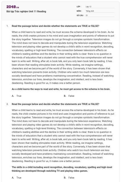 Bài tập Trắc nghiệm Unit 11 Reading