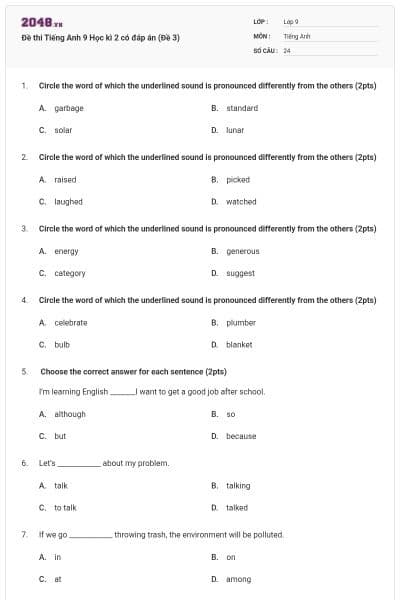Đề thi Tiếng Anh 9 Học kì 2 có đáp án (Đề 3)