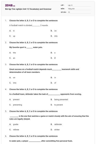 Bài tập Trắc nghiệm Unit 12 Vocabulary and Grammar