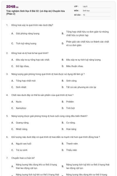 Trắc nghiệm Sinh Học 8 Bài 32: (có đáp án) Chuyển hóa (Phần 2)