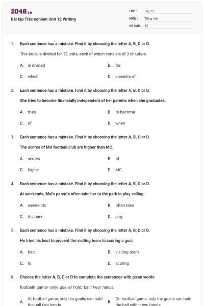 Bài tập Trắc nghiệm Unit 12 Writing