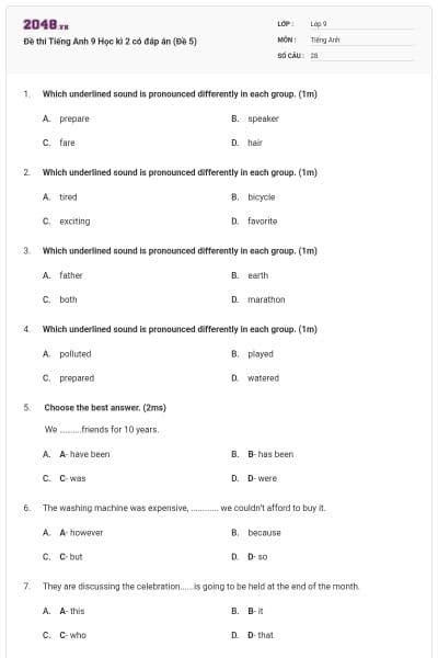 Đề thi Tiếng Anh 9 Học kì 2 có đáp án (Đề 5)