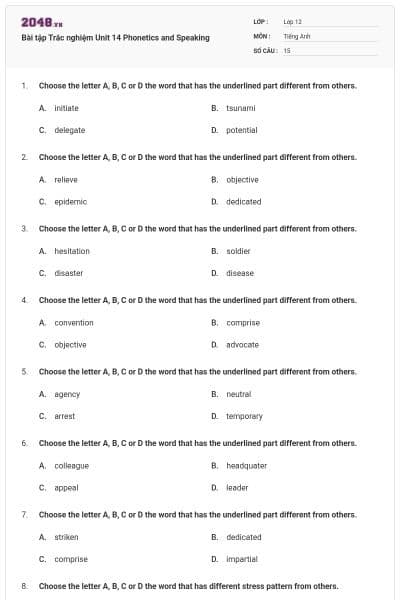 Bài tập Trắc nghiệm Unit 14 Phonetics and Speaking
