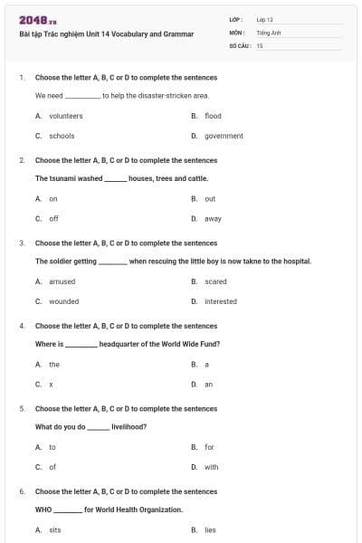 Bài tập Trắc nghiệm Unit 14 Vocabulary and Grammar