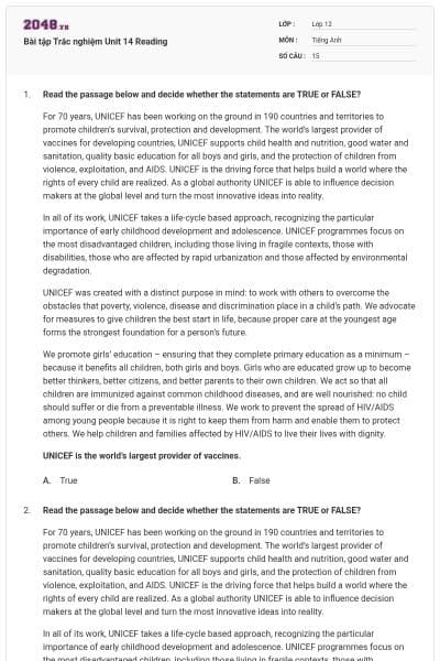 Bài tập Trắc nghiệm Unit 14 Reading